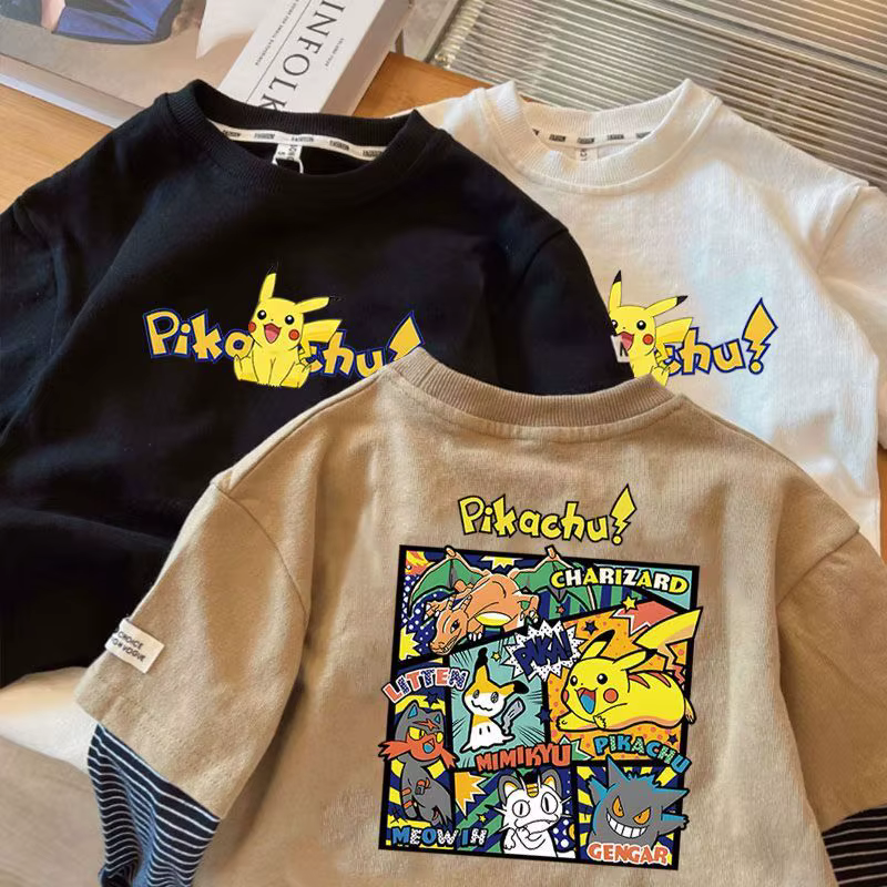 T-shirt pour enfants 100% coton Pokemon Pikachu Charizard Gengar imprimé, manches longues, deux pièc