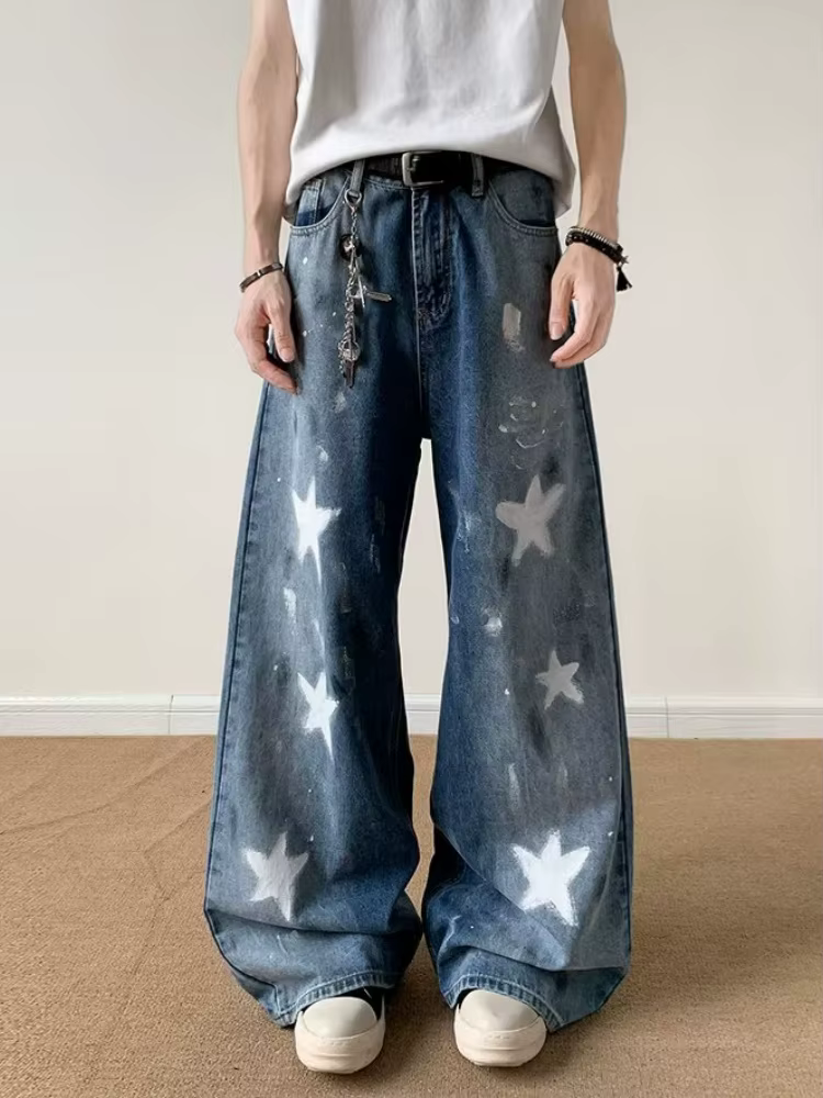 2025 Ropa Y2K Streetwear étoile imprimé délavé bleu Baggy jean pantalon pour hommes vêtements jambe 