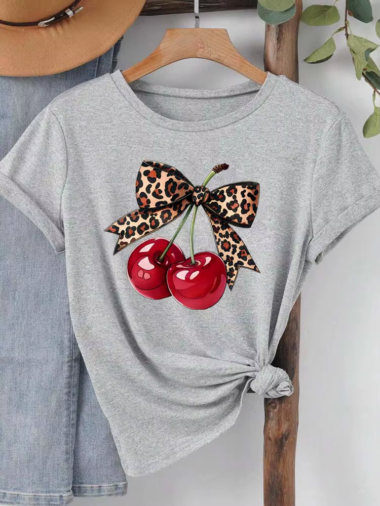 Mode cerise imprimé femmes T-Shirt à manches courtes col rond décontracté hauts pour l'été printemps
