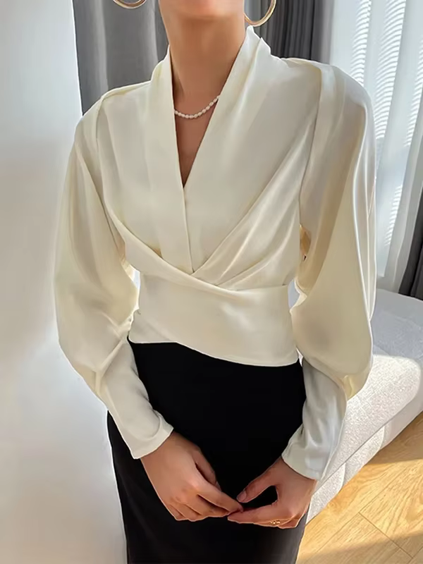 Yeezz urbain femme élégant col en v manches longues plissé hauts femmes 2025 nouvelle mode couleur u