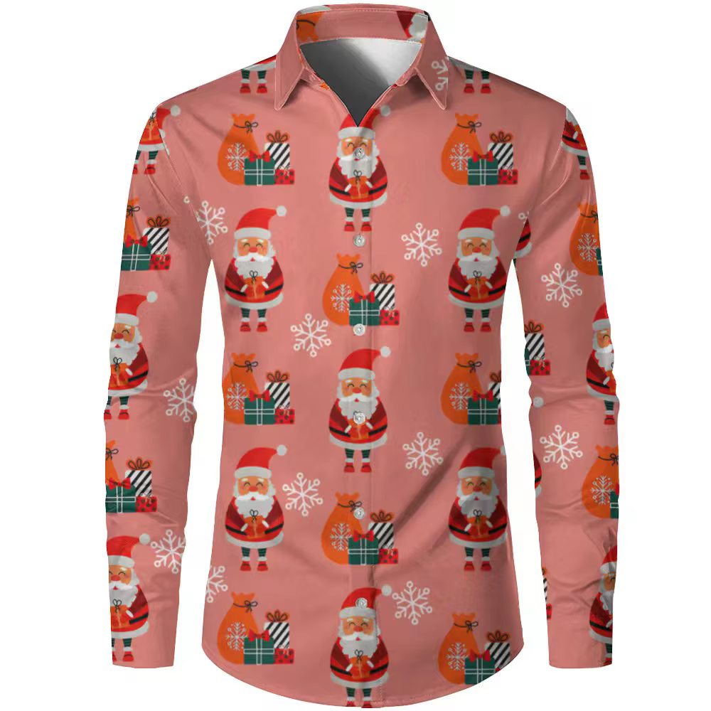 Chemise à manches longues pour hommes, imprimé dessin animé du père noël, mode de rue de ville, chem