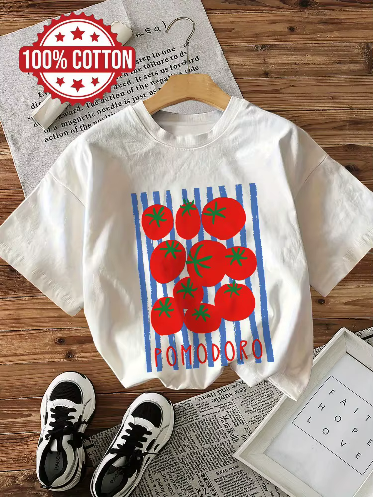 T-shirt confortable et tendance à rayures tomate, style décontracté d'été, col rond, en pur coton, à