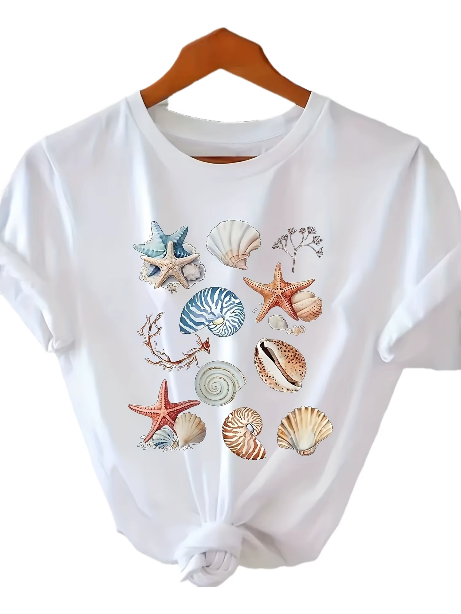 T-shirt décontracté pour femme, beige clair, motif étoile de mer, coquillages et récif corallien, ha