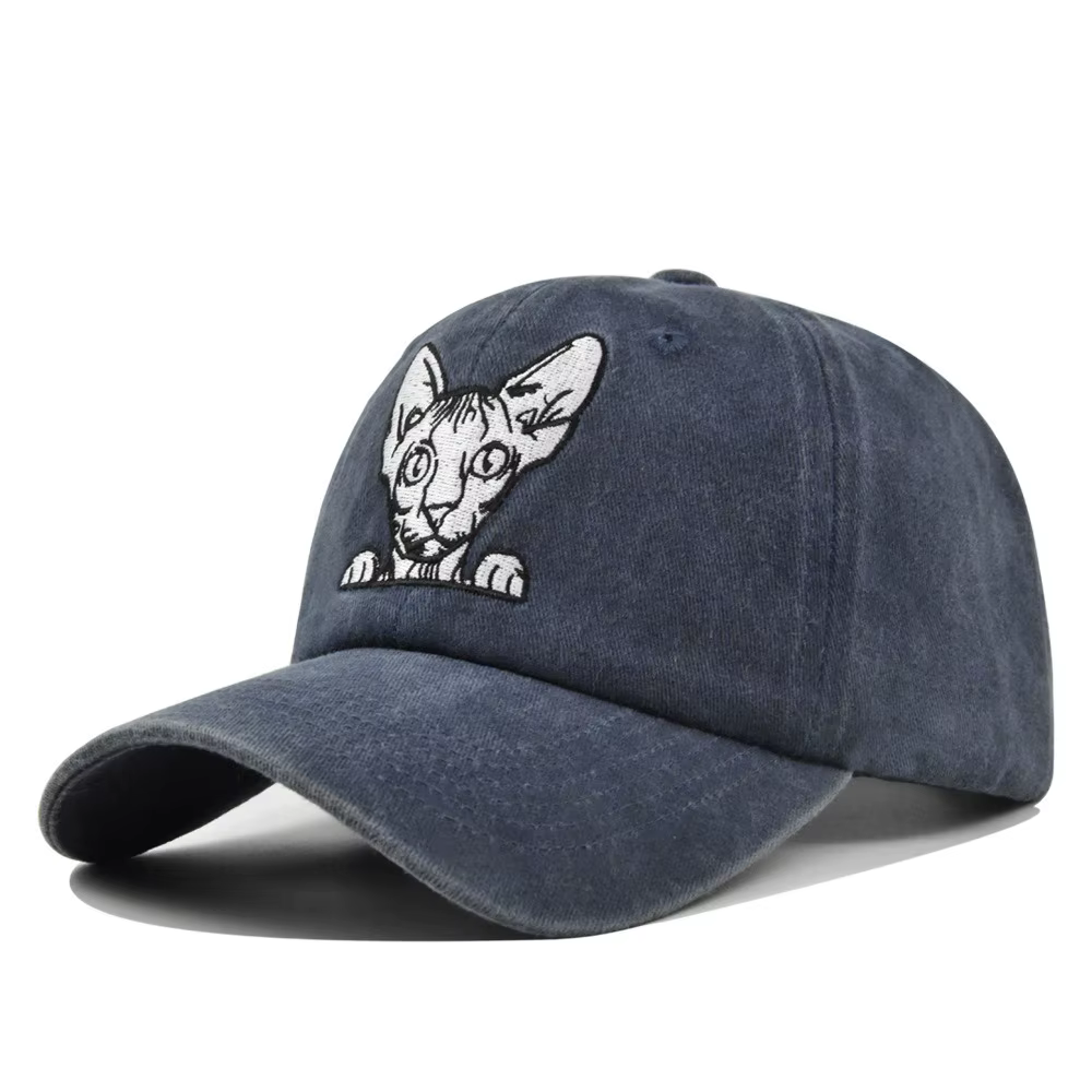 Casquette de baseball en jean brodée motif chat mignon, réglable, unisexe, vintage, en coton délavé,