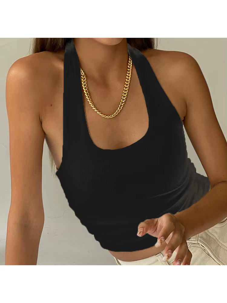 Top dos nu en Fibrdeau pour femmes, licou blanc, sexy, précieux, Streetwear, 2024