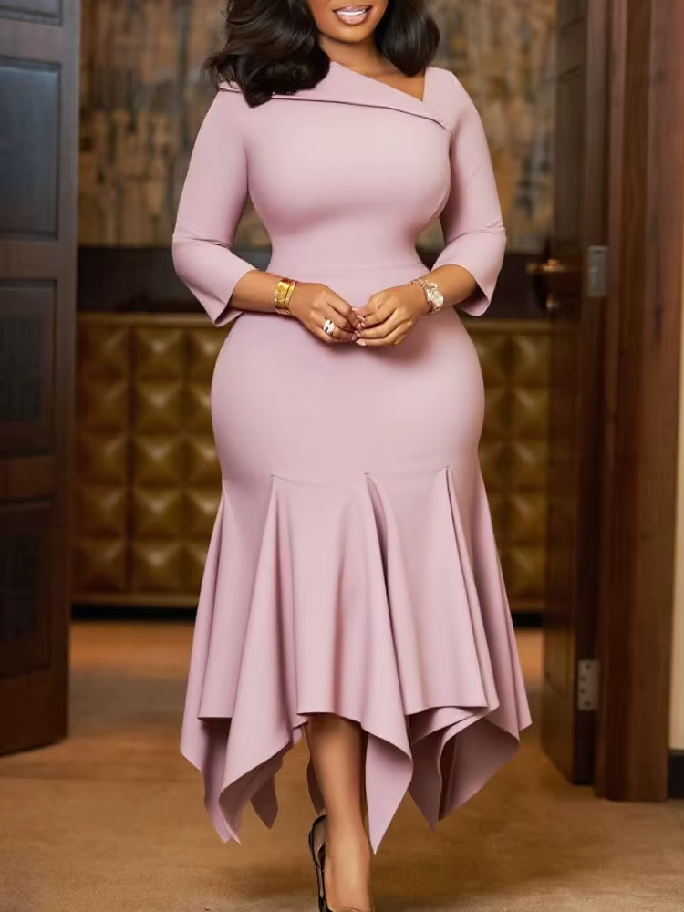 Robe sirène élégante pour femmes, manches 3/4, col incliné, volants, bureau, affaires, église, fête,