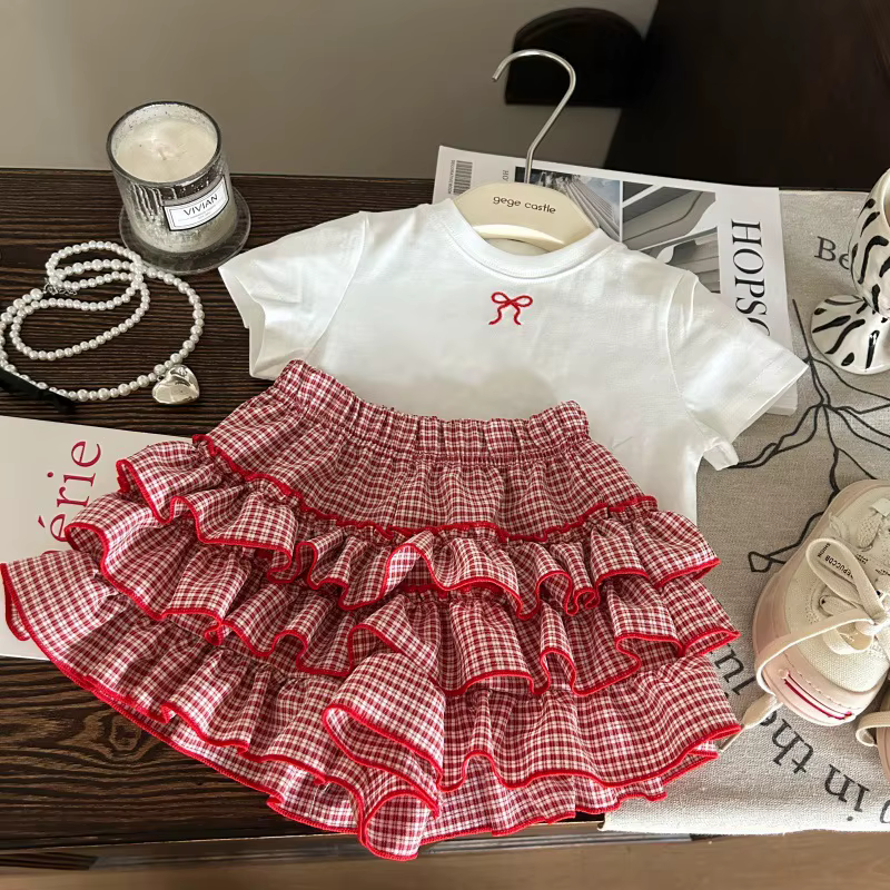 Vêtements coréens pour enfants, T-shirt blanc avec nœud pour filles, jupe gâteau à carreaux, pantalo