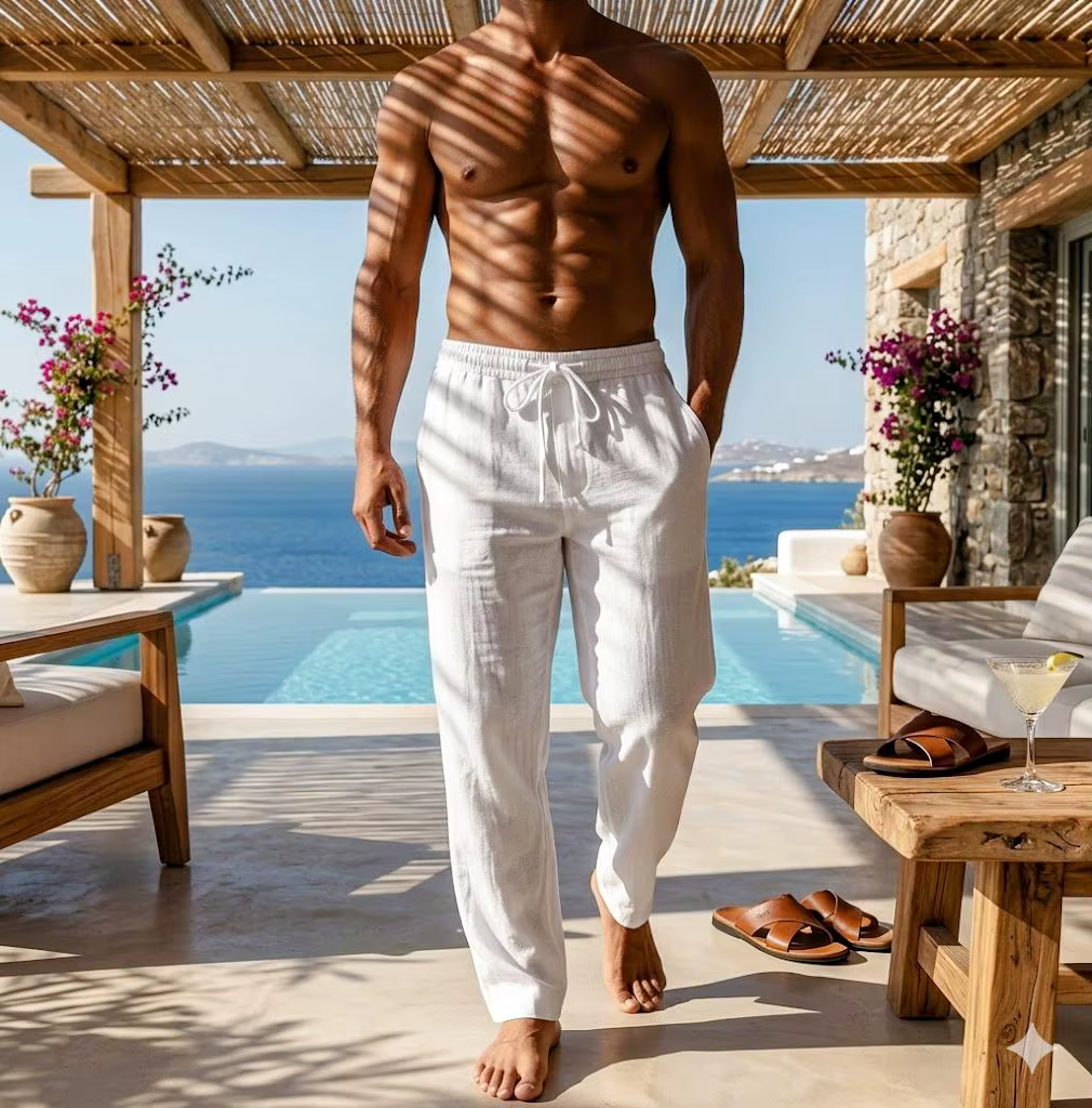 Pantalon de jogging en coton et lin pour homme, léger et respirant, en pur coton, avec cordon de ser