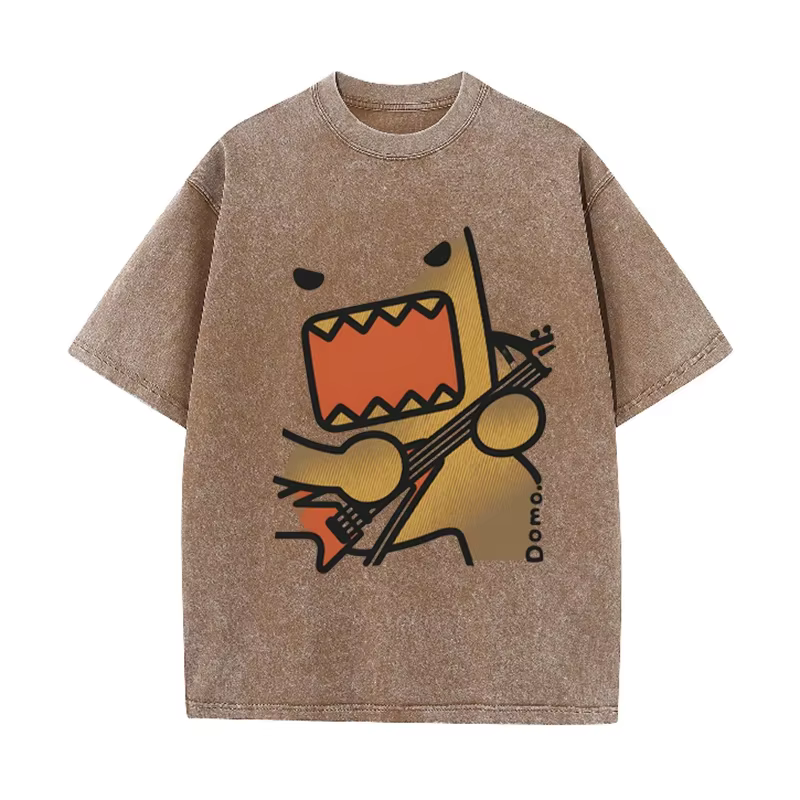 T-shirt décontracté marron délavé vintage avec imprimé graphique guitare rock Domo
