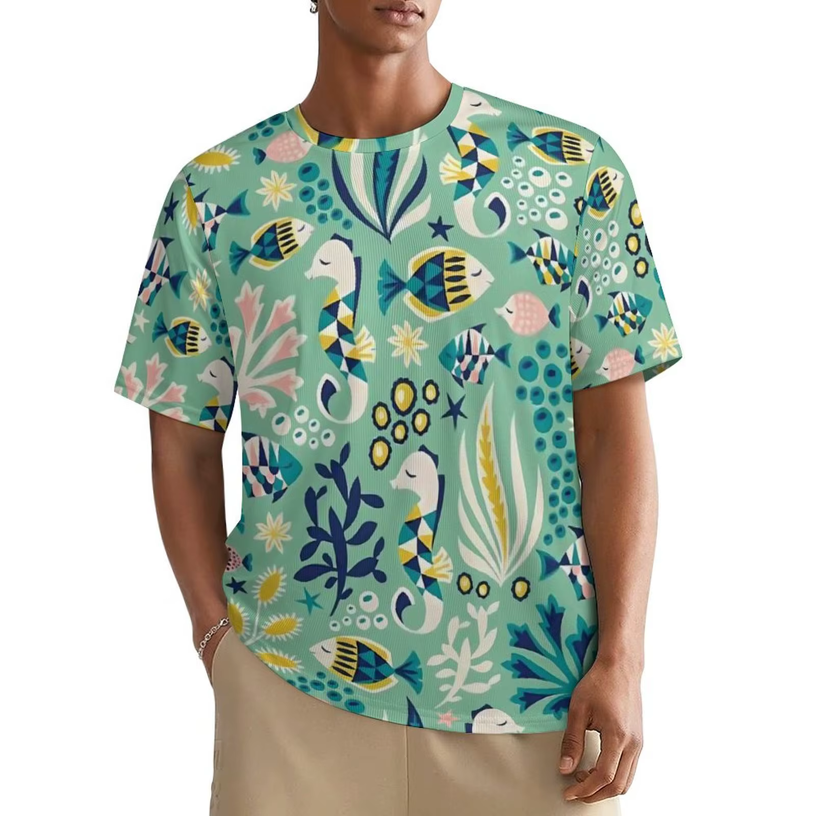 T-Shirt à Manches Courtes Imprimé de Poisson de Mer pour Homme, Vêtement Esthétique, Original, Tenda