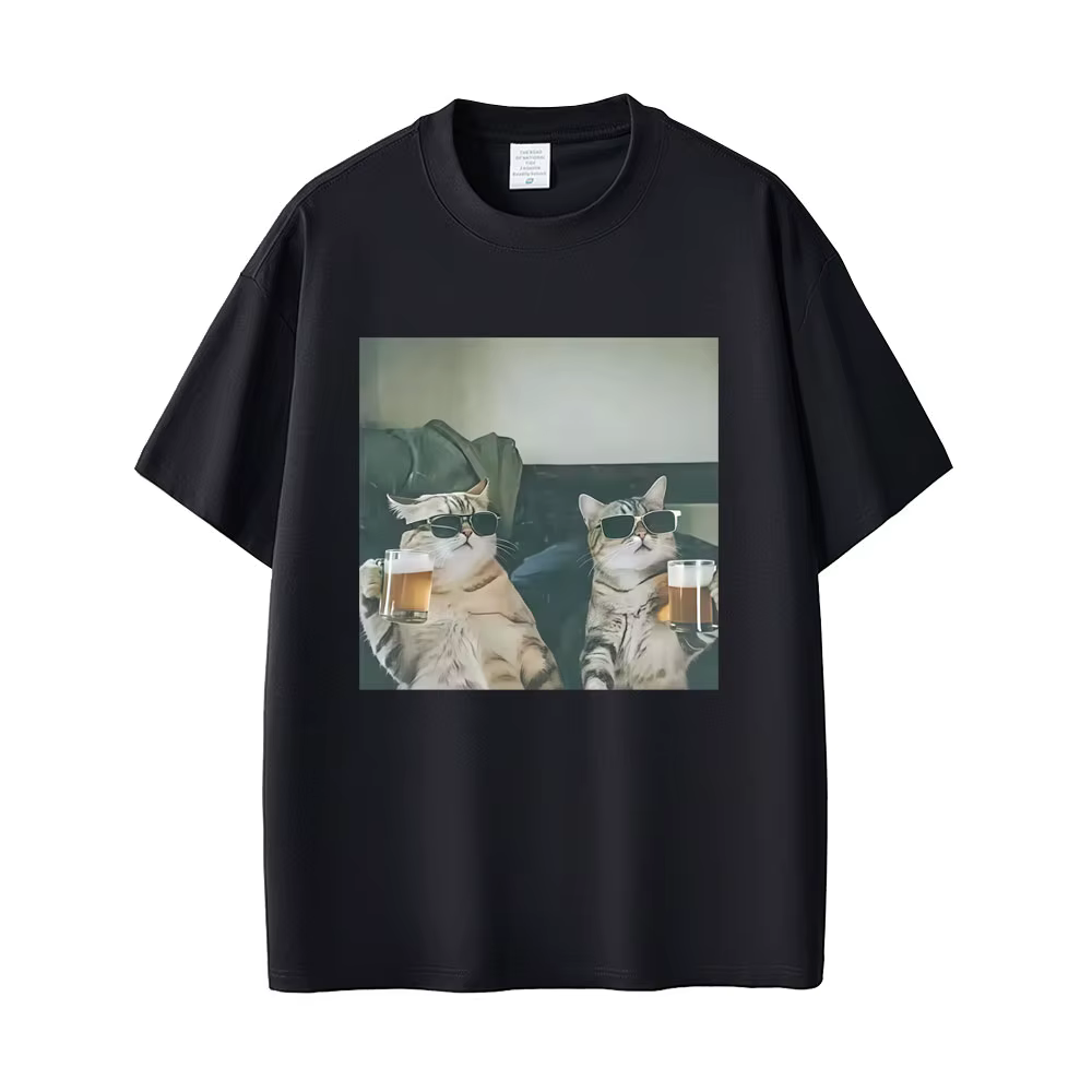 T-shirt à manches courtes en coton pour hommes et femmes, décontracté, avec image de chat cool buvan