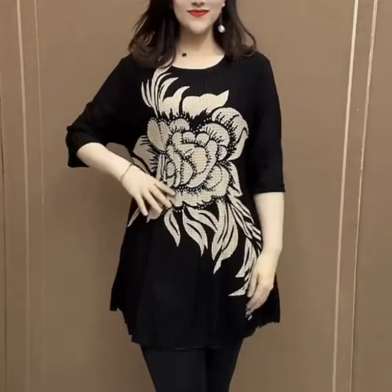 T-shirt à manches 3/4 imprimé floral pour femmes, pulls à col rond, vêtements décontractés, gaze de 