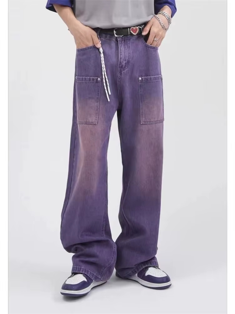 Japonais hommes jean mode violet vert ample droit Vintage décontracté Streetwear Skateboard danse De