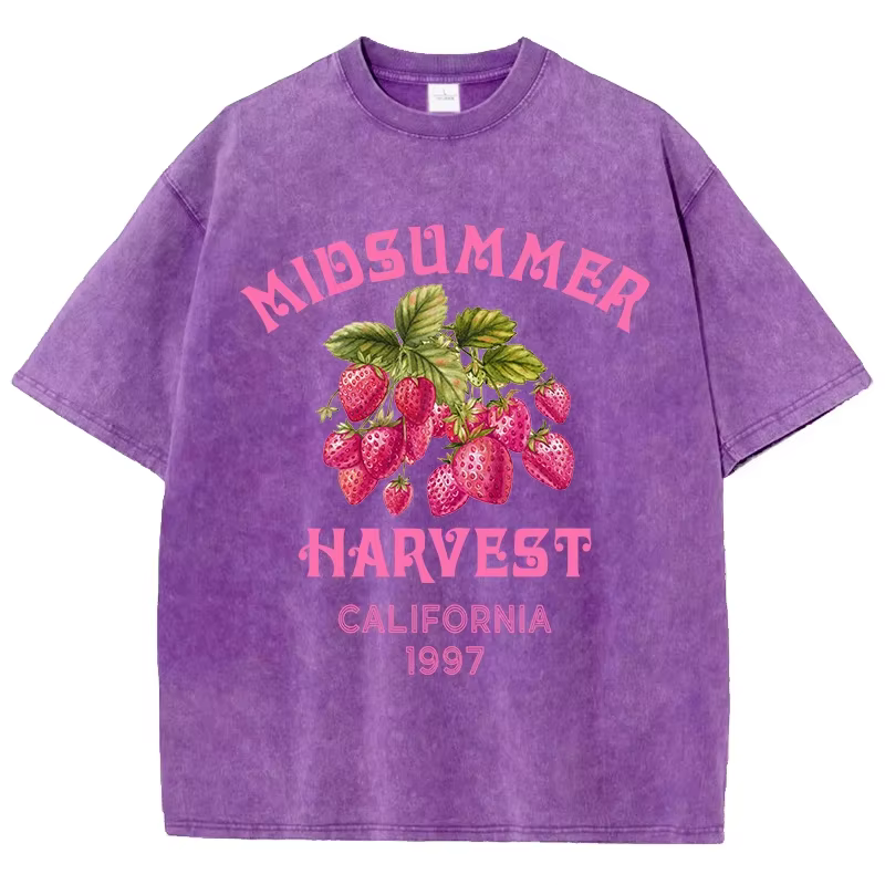 T-shirt en coton pour hommes, imprimé fraise de californie, délavé, confortable, col rond, vêtements