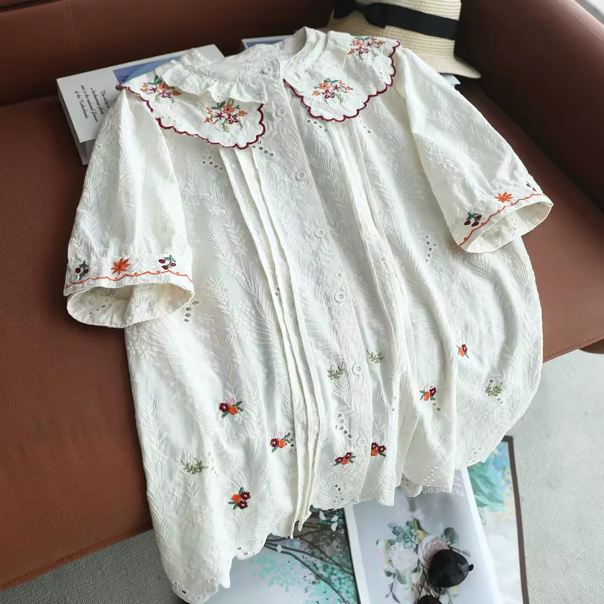 Chemisier Femme Broderie Florale Broderie Anglaise Col Peter Pan Manches Courtes Coton Vintage Cotta