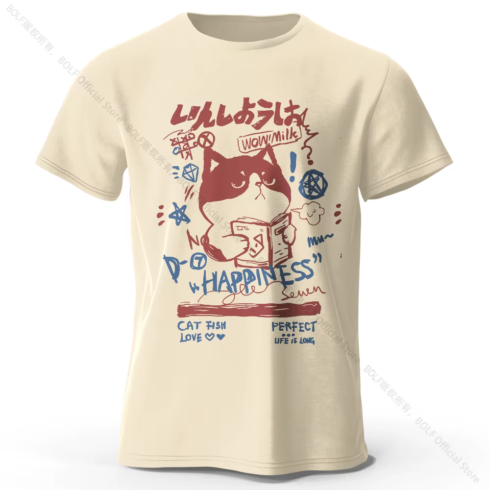 Kawaii Cat Doodle Harajuku imprimé 100% coton T-Shirt, doux et respirant col rond manches courtes T-