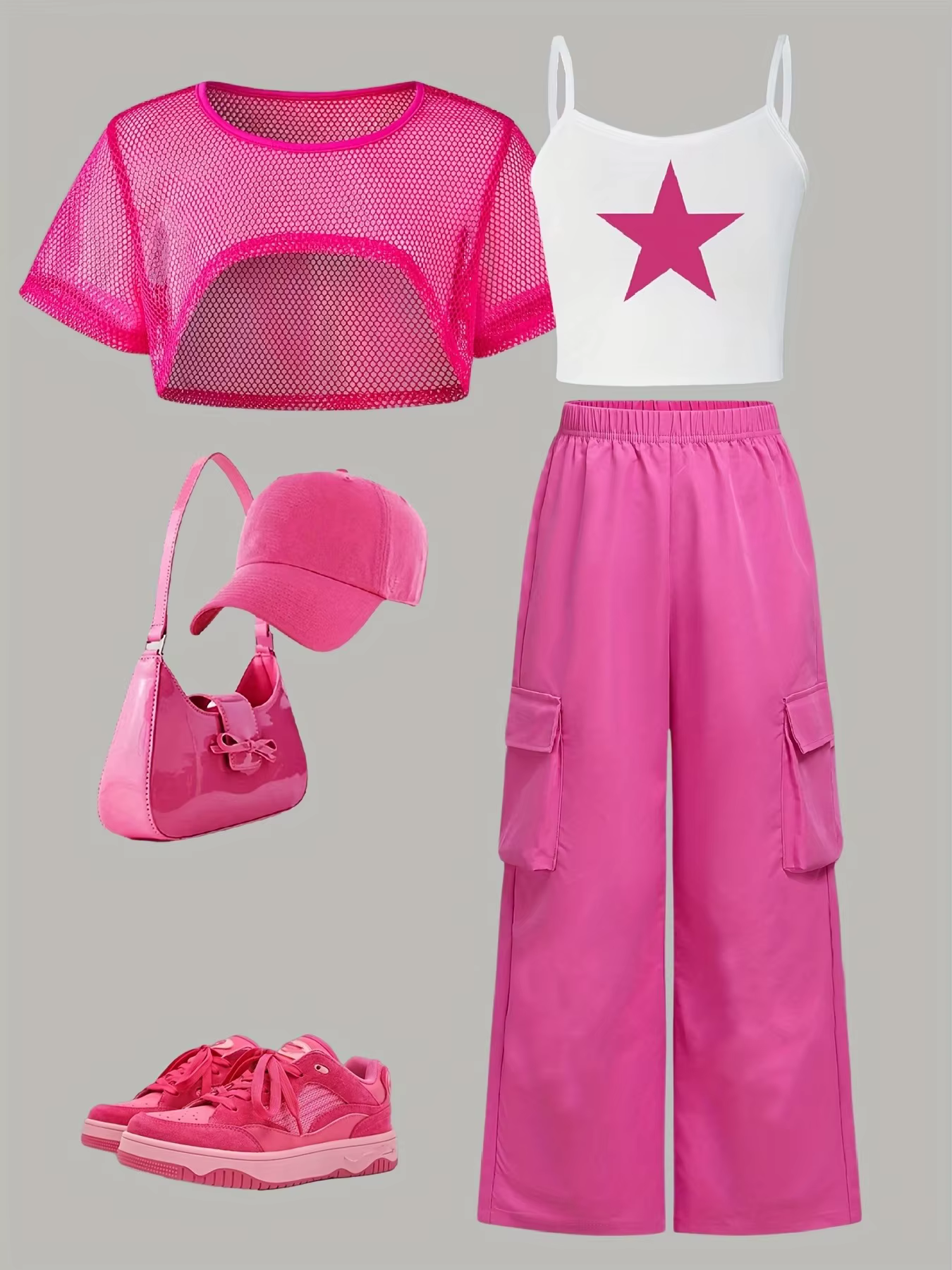 Ensemble 3 pièces rose vif tendance pour filles : Shrug en maille + Crop top étoilé + Pantalon cargo