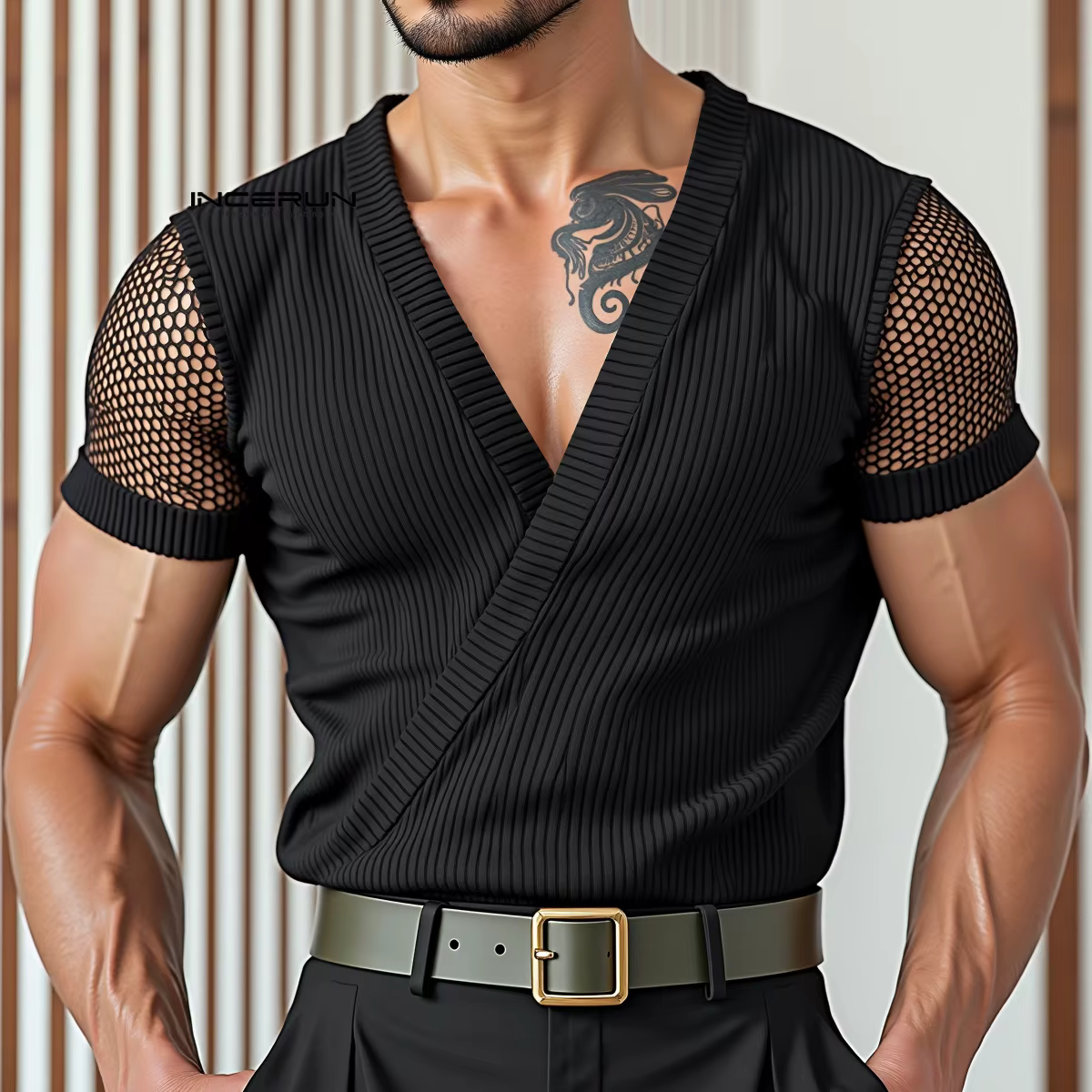 INCERUN hommes t-shirt maille Patchwork col en V à manches courtes hommes t-shirt hauts été Streetwe