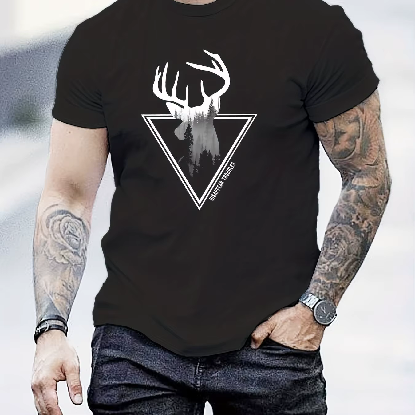 T-shirt imprimé cerf et montagne pour hommes, divers motifs, t-shirt graphique confortable, vêtement