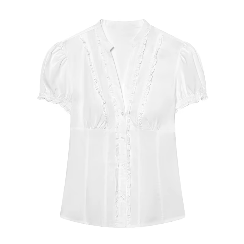 Chemisier plissé blanc tendance pour femme, à col revers, boutonnage simple, taille ajustée, style b