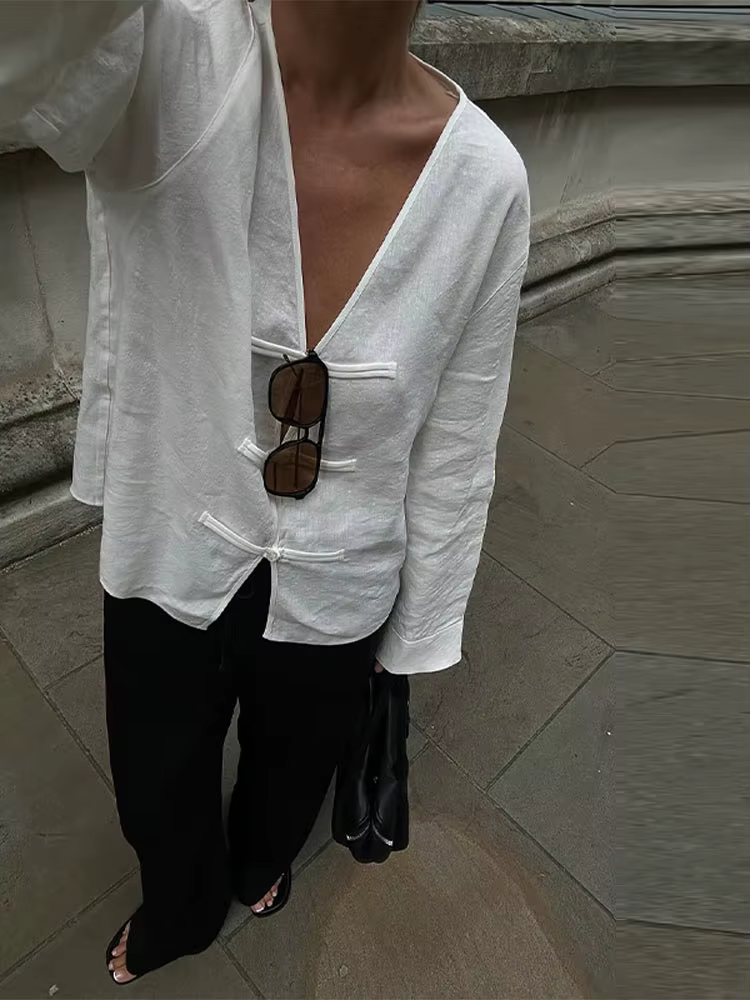 Chemisier Chic en Lin et Coton à Manches Longues pour Femme, Col en V, Boutonnage Simple, Collection
