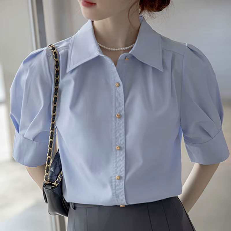 Chemisier OL à manches courtes pour femme, col rabattu, couleur unie, élégant, simple boutonnage, co