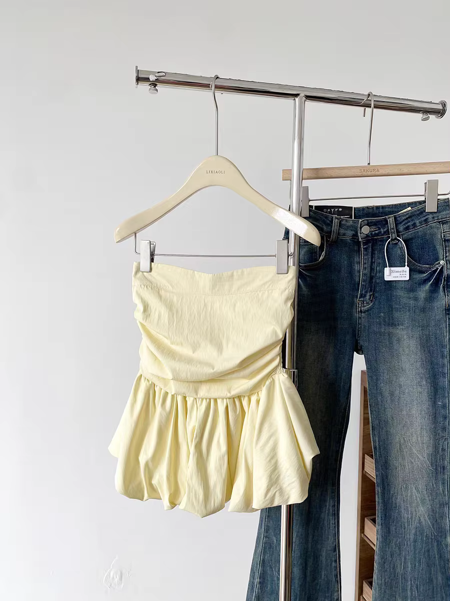Haut caraco tube péplum à volants: haut court sans manches qui soulève la taille Style coréen Chic é