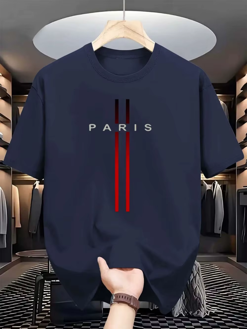 Été Paris hommes nouvelle rayure imprimé confortable et respirant col rond T-shirt extérieur urbain 