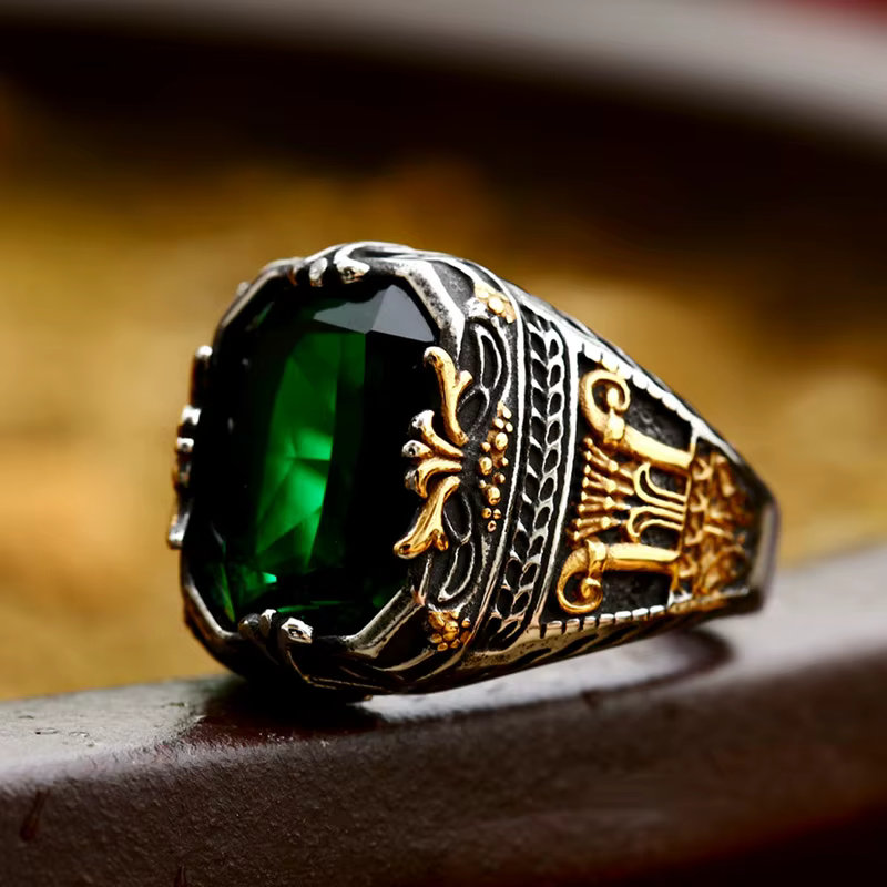 Bague en cristal vert arabe pour hommes, acier inoxydable, saoudien, bijoux de style ethnique, nouve