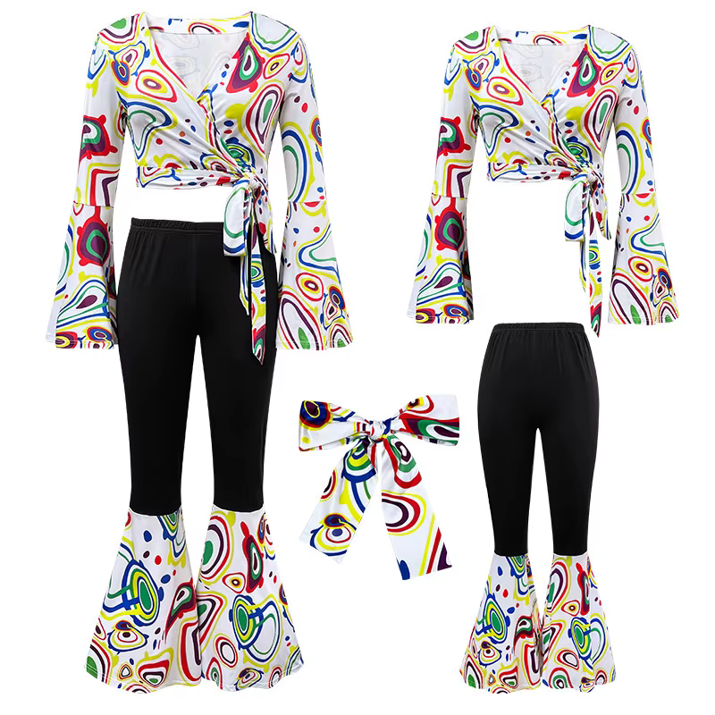 Tenues fantaisie Disco pour femmes des années 70 et 80, ensemble 3 pièces, pantalon évasé imprimé Hi