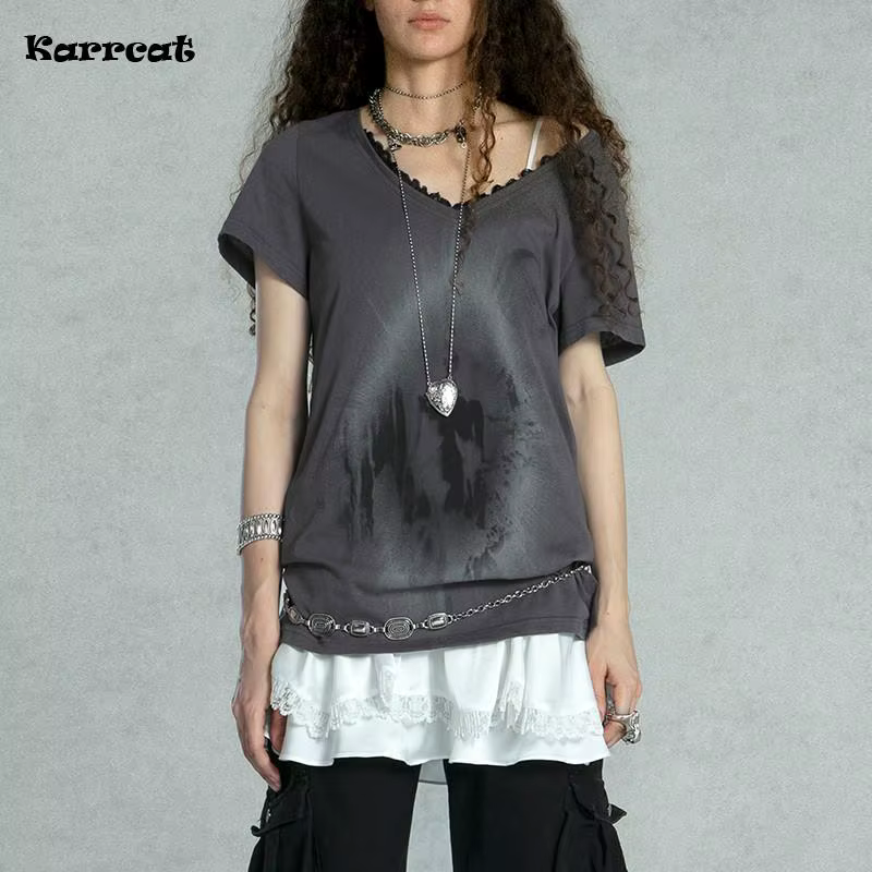 Karrcat Grunge esthétique Graffiti imprimé T-shirt Vintage en détresse à manches courtes T-shirt pou