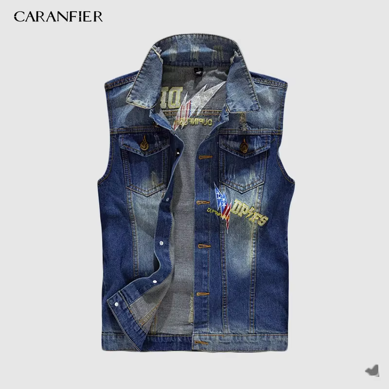 CARANFIER Denim gilet hommes Punk Rock Rivet Cowboy noir jean gilet homme moto veste manteau sans ma