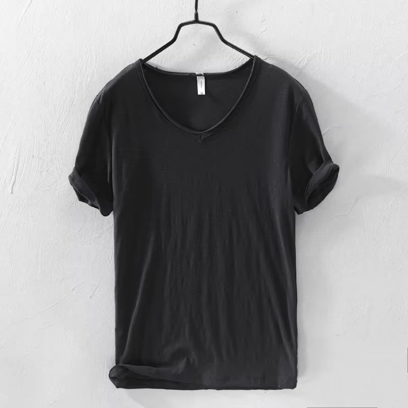 T-Shirt rétro à bords bruts pour hommes, 100% coton, léger, respirant, ajusté, monochromatique, col 