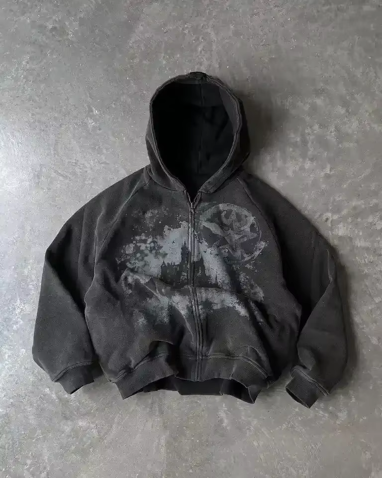 Sweat-shirt à capuche zippé pour homme, noir, en coton, imprimé abstrait, style gothique streetwear,