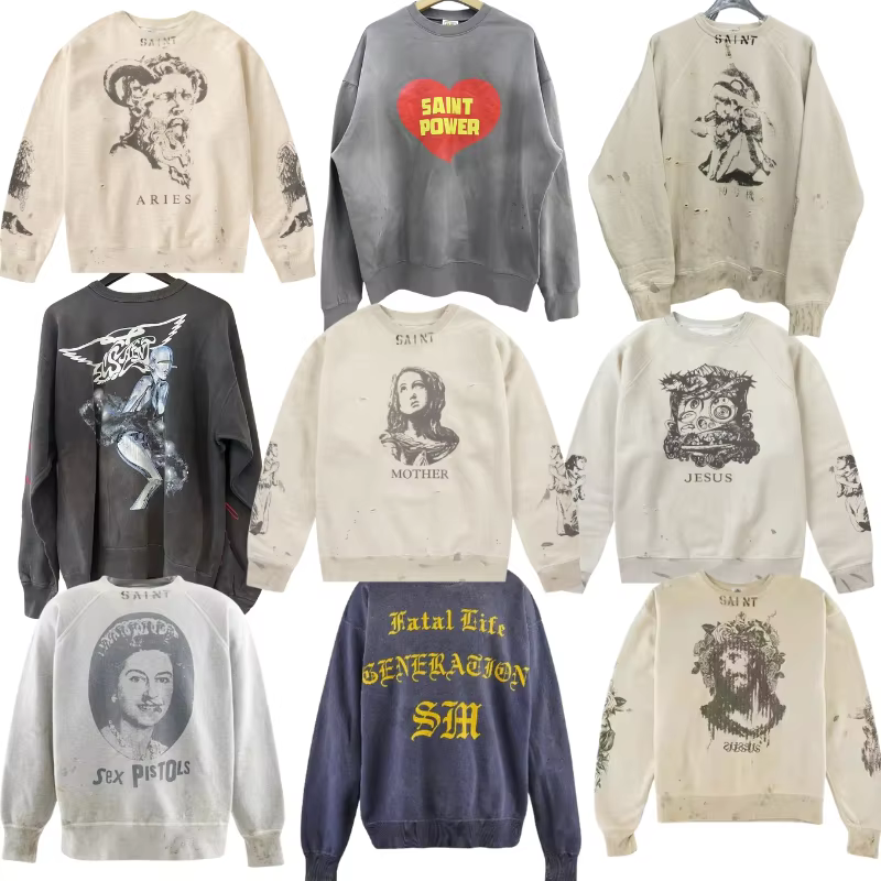 SAINT Vintage pull éclaboussé d'encre Graffiti Destruction col rond à capuche automne hiver hommes f