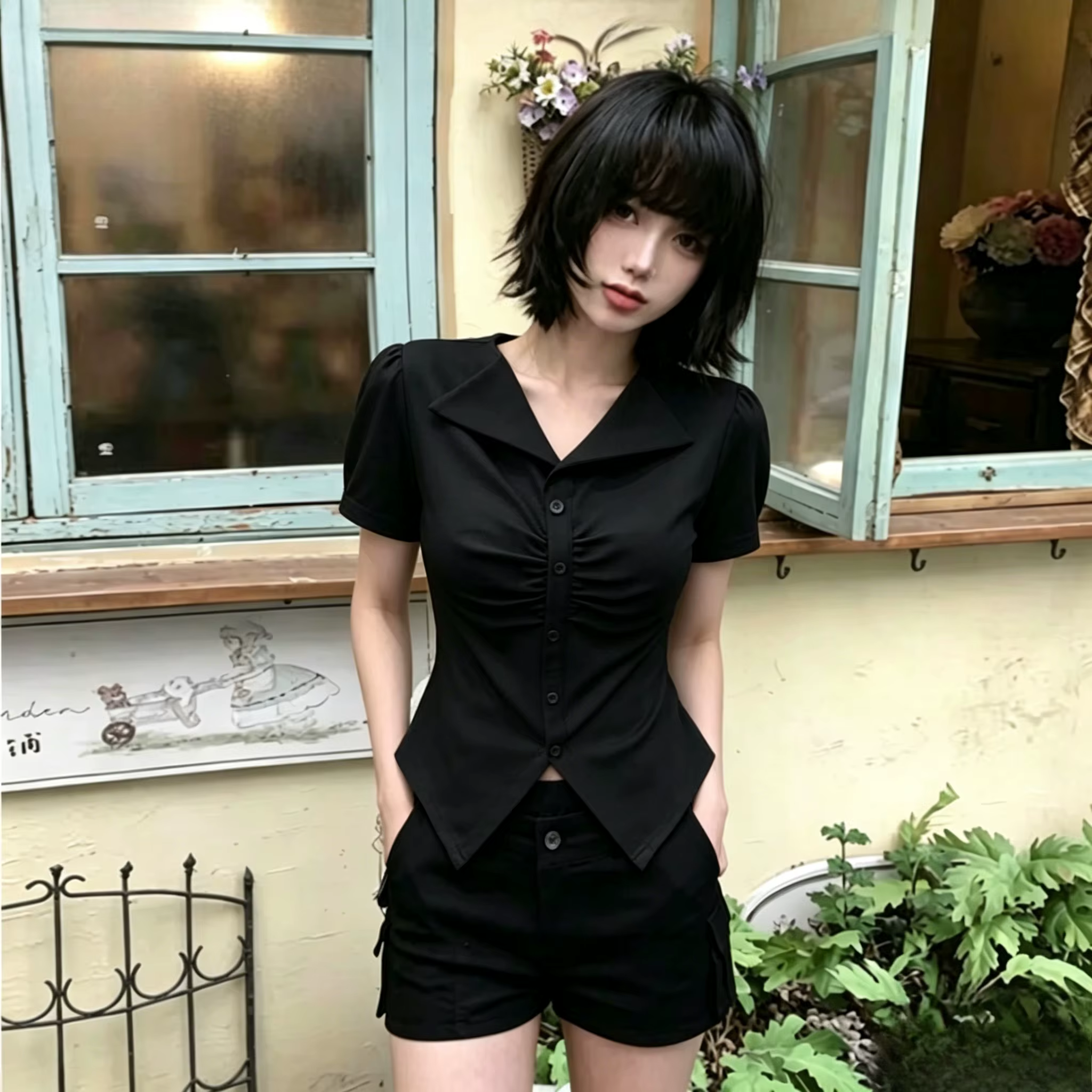 Chemises Harajuku à col en v et manches courtes pour femmes, vêtements Vintage Y2K, hauts décontract