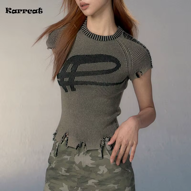 Karrcat-T-shirt Punk Broken Crop Top, Esthétique Grunge, Vintages, DistMurcia Top, Harajuku Slim dea