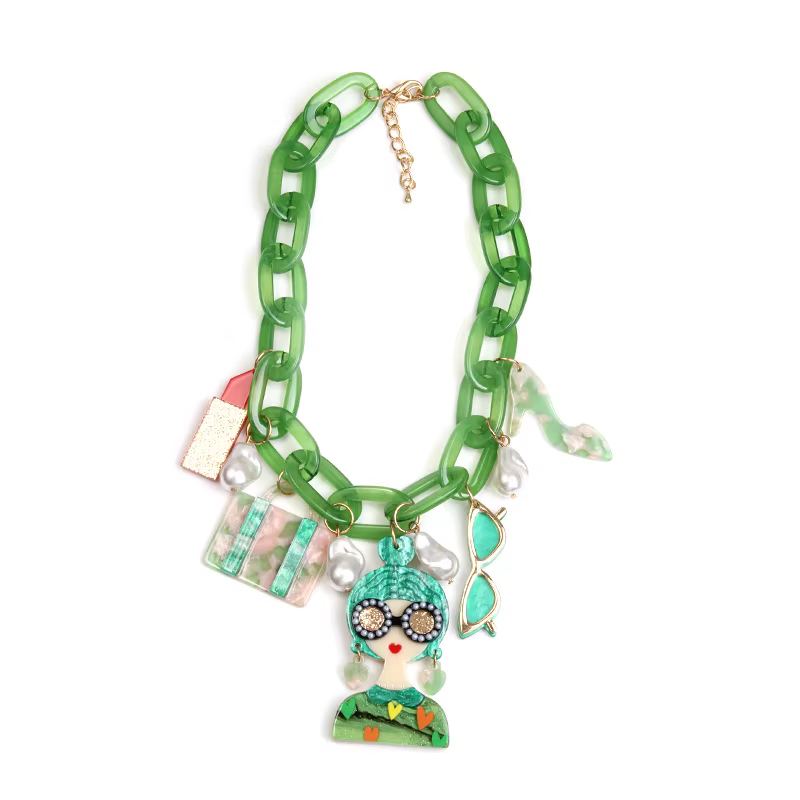 Collier tête de dame en acrylique de Style bohémien, Unique, empilable, chaîne exagérée, accessoires