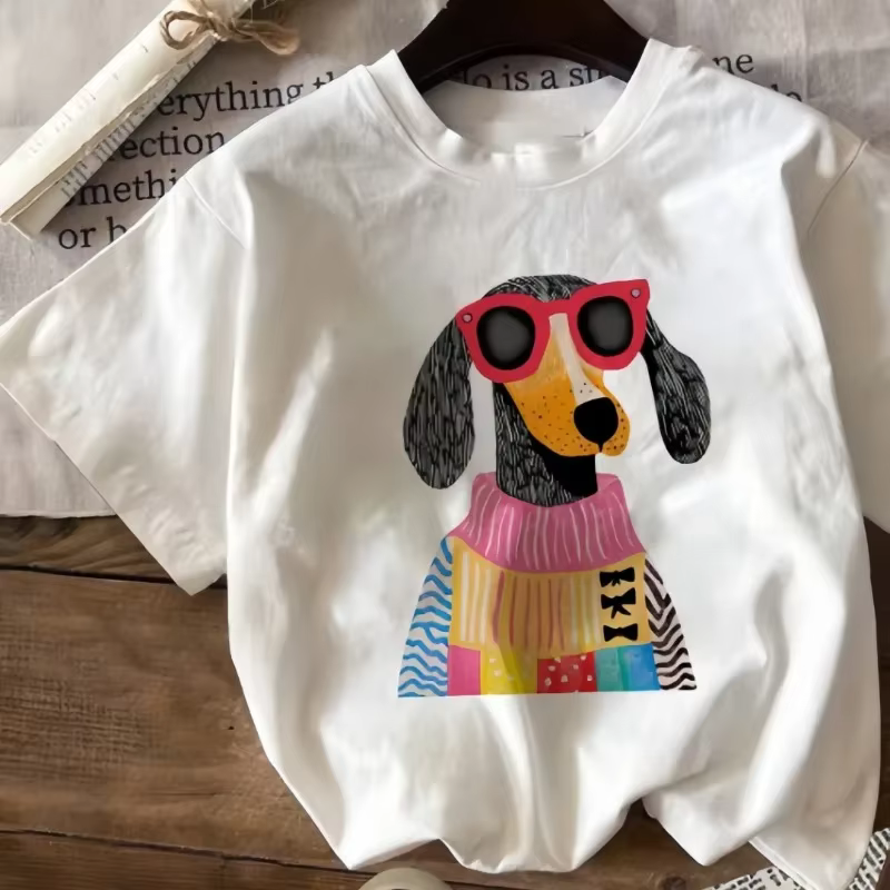 T-shirt à manches courtes imprimé avec dessin animé de chien, haut décontracté multifonctionnel pour
