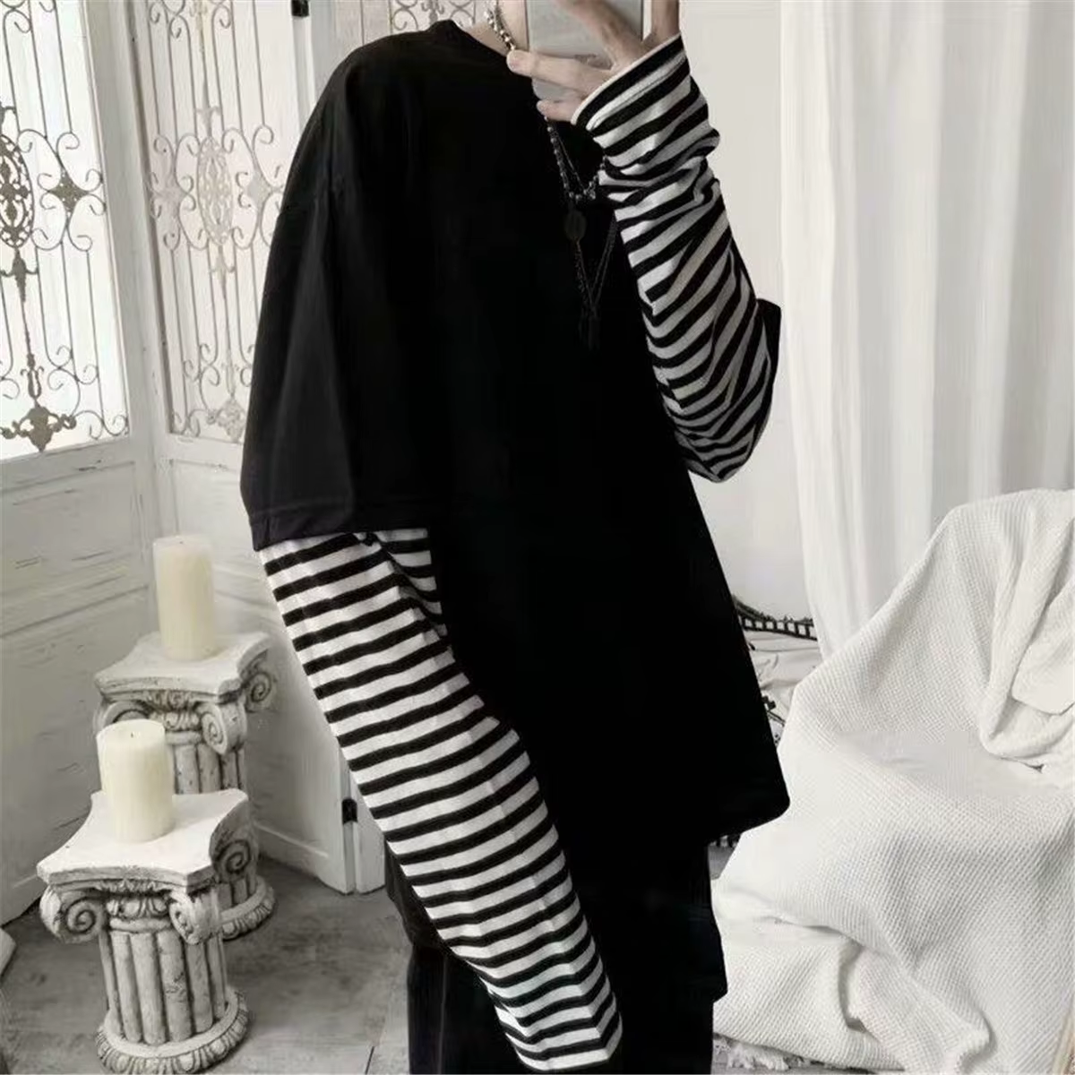 Cool rayé Patchwork T-Shirt hommes automne surdimensionné hauts garçons solide à manches longues T-S