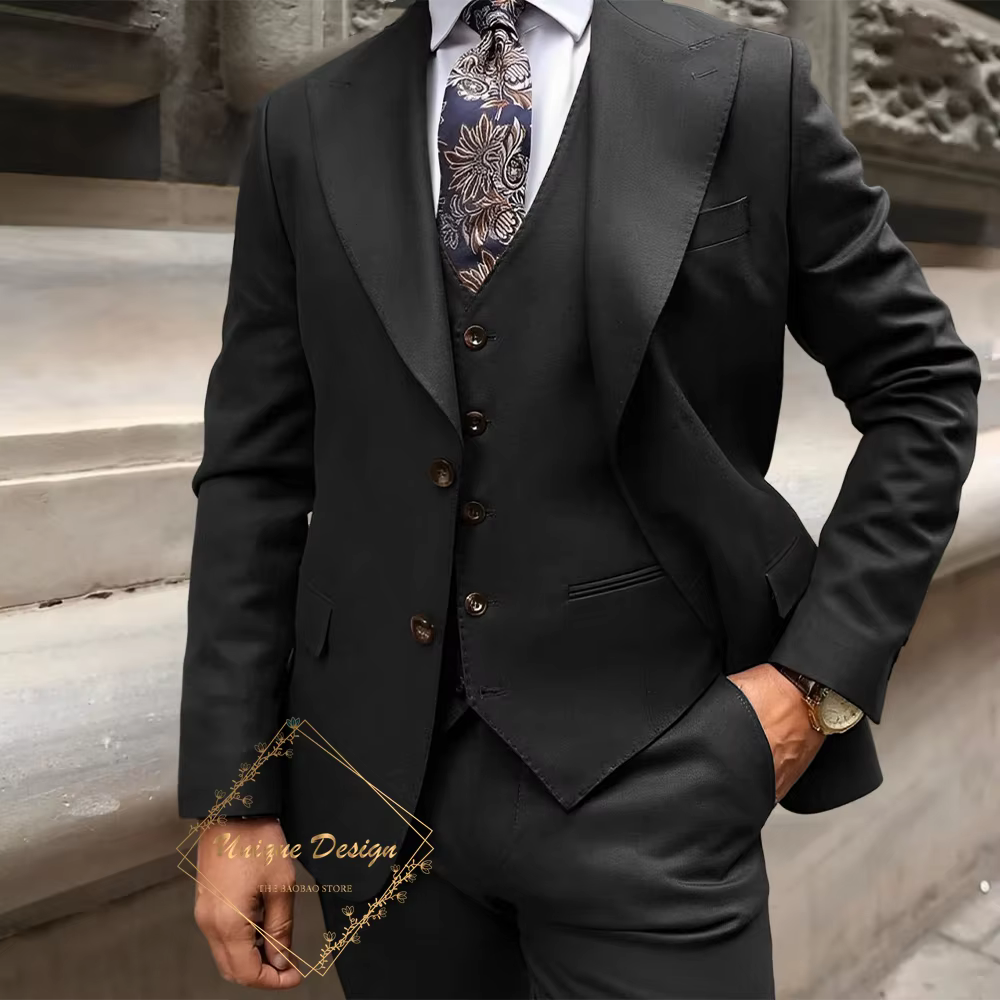Costume marron classique pour hommes, ensemble 3 pièces, veste à revers, gilet, pantalon, tenue cint