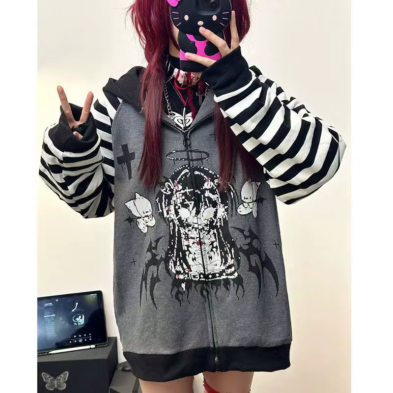 Sweats à capuche College Demon pour femmes, sous-culture japonaise, style punk, sweat à capuche rayé