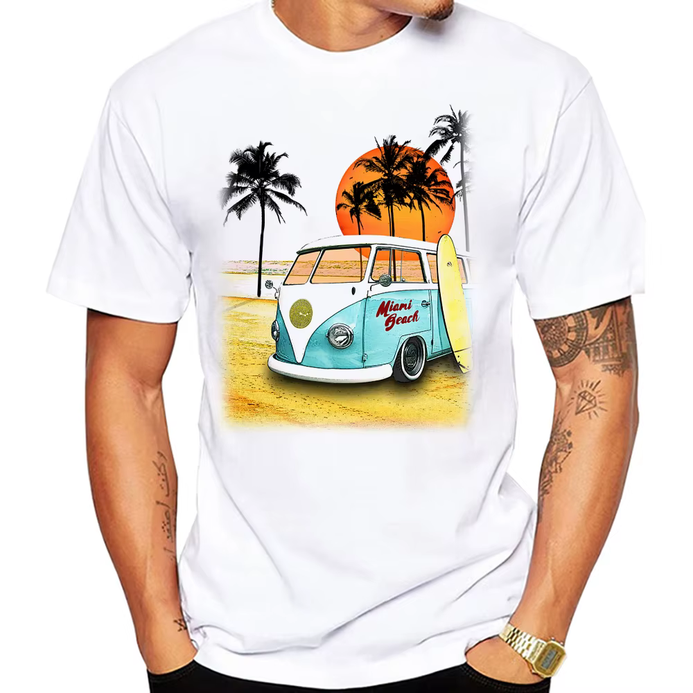 AMEITTE Miami plage scène voitures hommes t-shirt graphique Vintage plage Bus Surf Sport tissu rétro