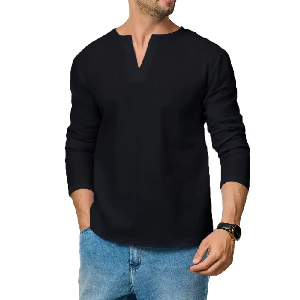 T-shirt en coton et lin pour hommes, manches longues, respirant, col en v, décontracté, coupe cintré