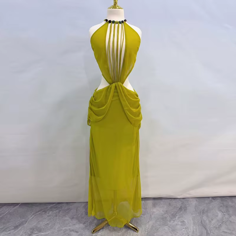 Robe longue sexy ajourée à col halter pour femme, unie, dos nu, sans manches, plissée, pour les vaca