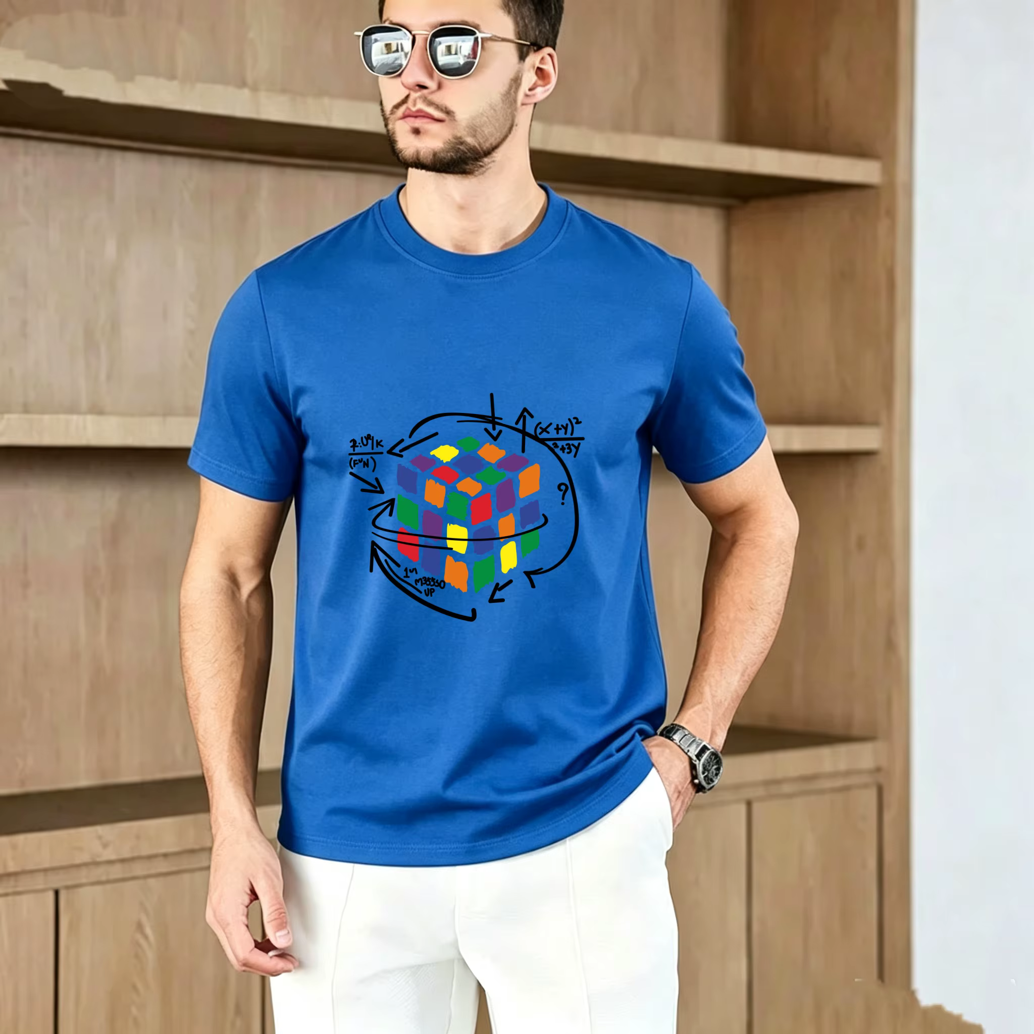 T-shirt tendance pour homme 100% coton, imprimé Rubik Cube, streetwear polyvalent, col rond, manches