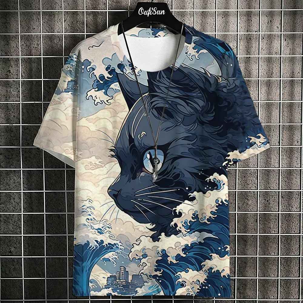 Samouraï chat T-Shirt pour hommes été à la mode japonais à manches courtes t-shirts surdimensionné S