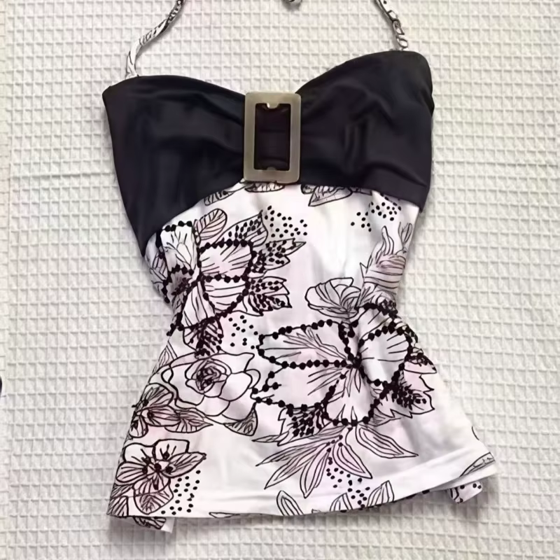Haut Halter Rétro Style Punk Américain, Gilet Halter Esthétique Harajuku, Camisole Imprimée, T-shirt