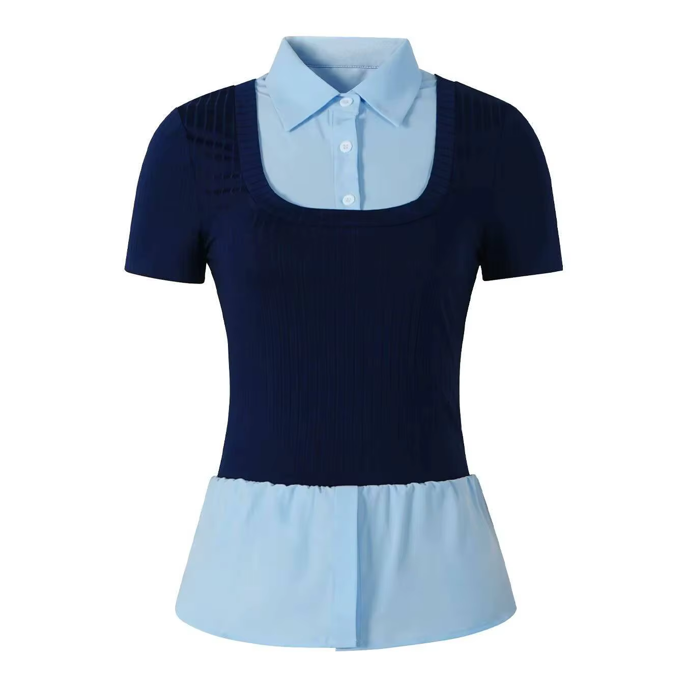 T-shirt pour femme Printemps-Été Bleu marine et bleu clair à contraste avec ourlet à volants, pour l