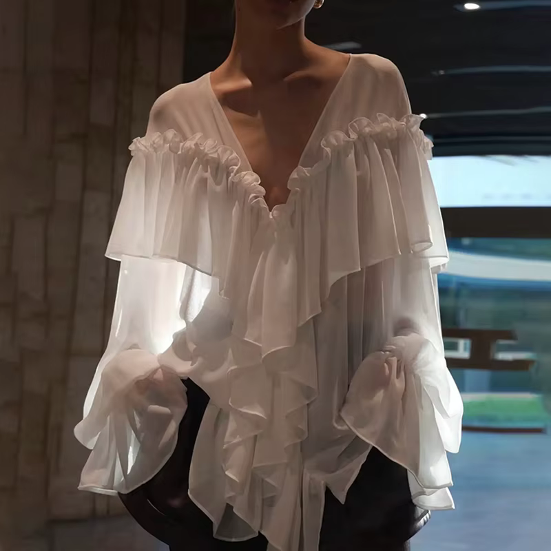 Chic col en v volant manches longues chemise femme couleur unie bulle manches haut ample printemps é